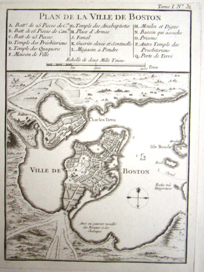 An Original and RARE Pre Revolutionary War French Engraving of BOSTON circa 1760-1770 showing gun emplacements, powder house, prison and other important locations. 